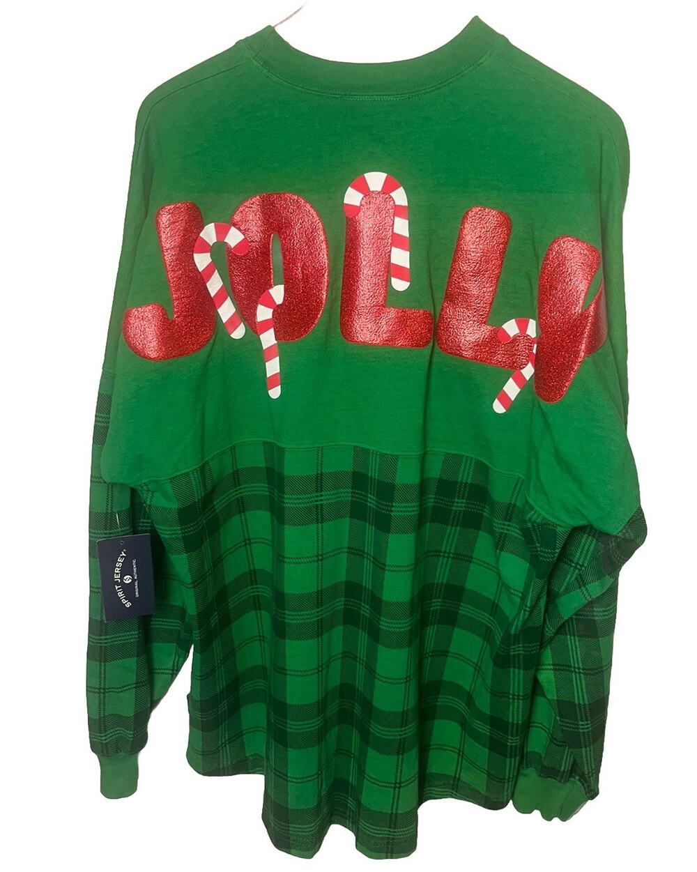 NWT Spirit Jersey Christmas JOLLY Green Plaid Long Sleeve Shirt Sz Small Medium